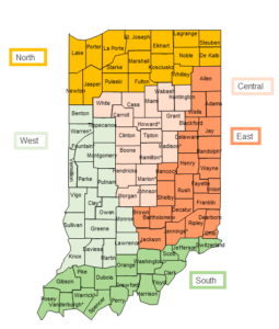 County-level map of Indiana showing the five regional task forces: north, south, central, east, and west.