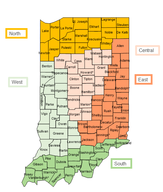 County-level map of Indiana showing the five regional task forces: north, south, central, east, and west.
