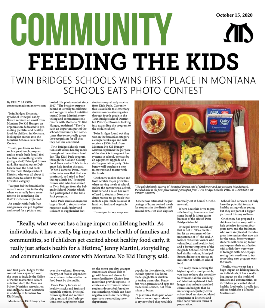 Feeding the Kids Twin Bridges Schools Wins First Place in Montana