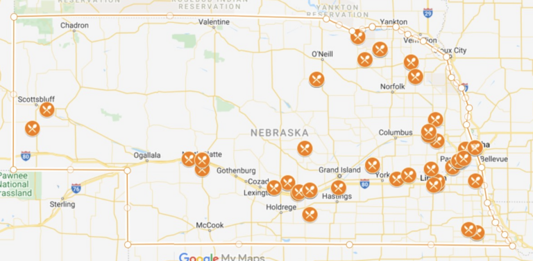 Map of Nebraska with icons highlighting the town each School Lunch Hero works in.