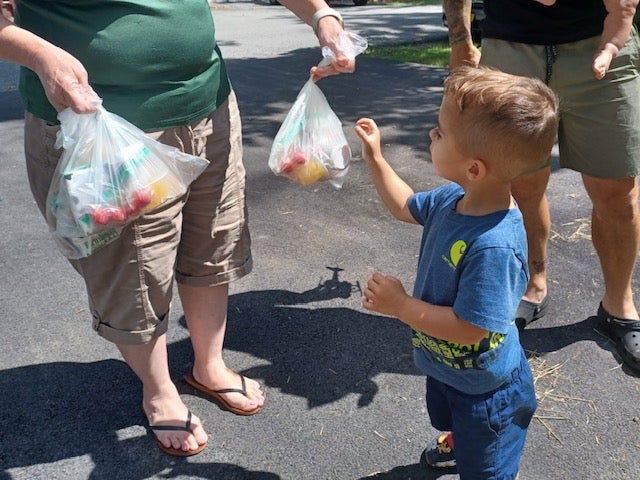 Child reaches for a bag of food from an adult