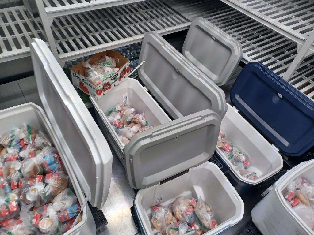 Coolers filled with bags of food